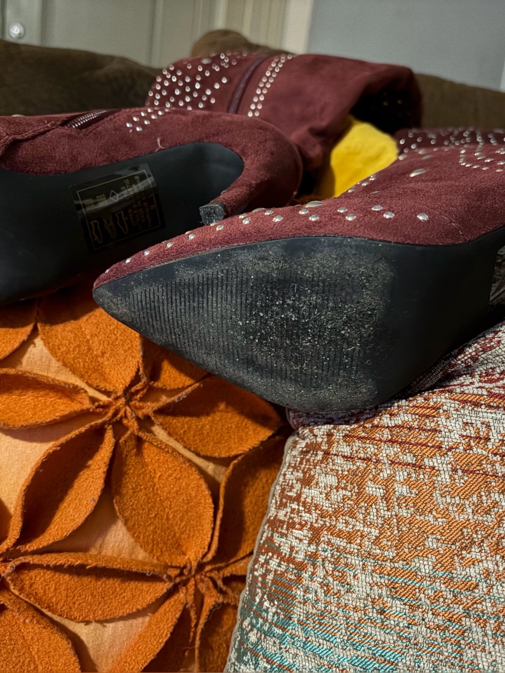Burgundy Suede Knee-High Boots with Crystal Studs - Picture 5 of 5